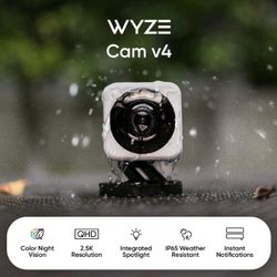 Wyze - Cam V4 2.5k QHD WiFi, Indoor/Outdoor, Wired Security Camera with Color White 