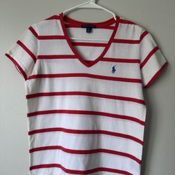 Polo Ralph Lauren White & Red Striped V‑Neck Tee – Size M