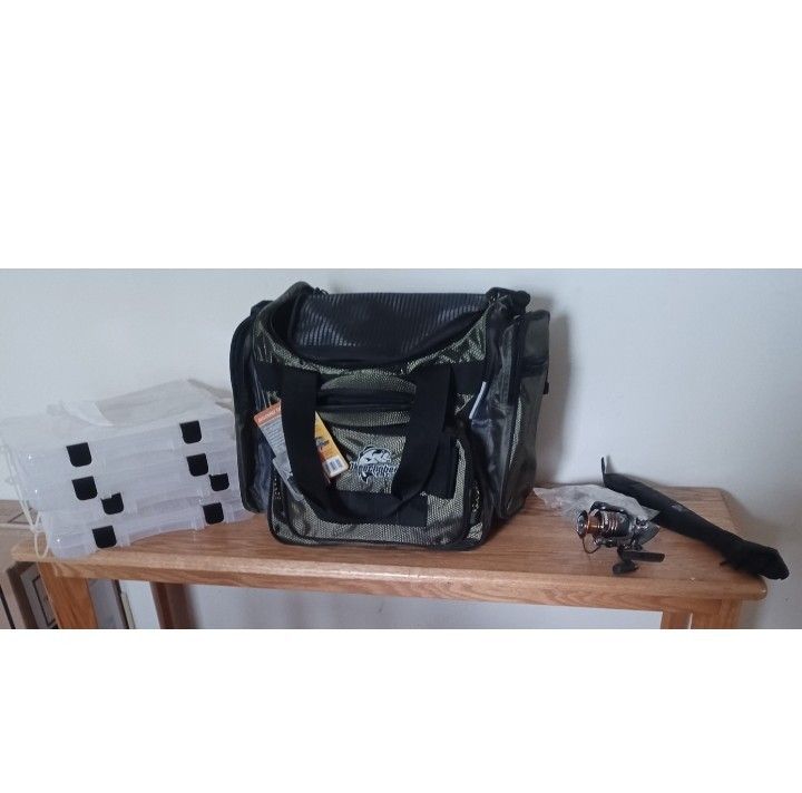 Fisherman Tackle Box Top Of The Line Plus Retractable Fishing Rod With Reel And Bag Of Hooks And Accessory