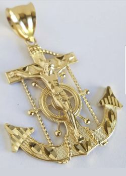 Big 10k Yellow gold Jesus Crucifix Anchor Pendant charm 2.1 inch
