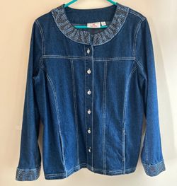 Jean Jacket size M blue rhinestone trim by Quacker Factory. Excellent Condition!