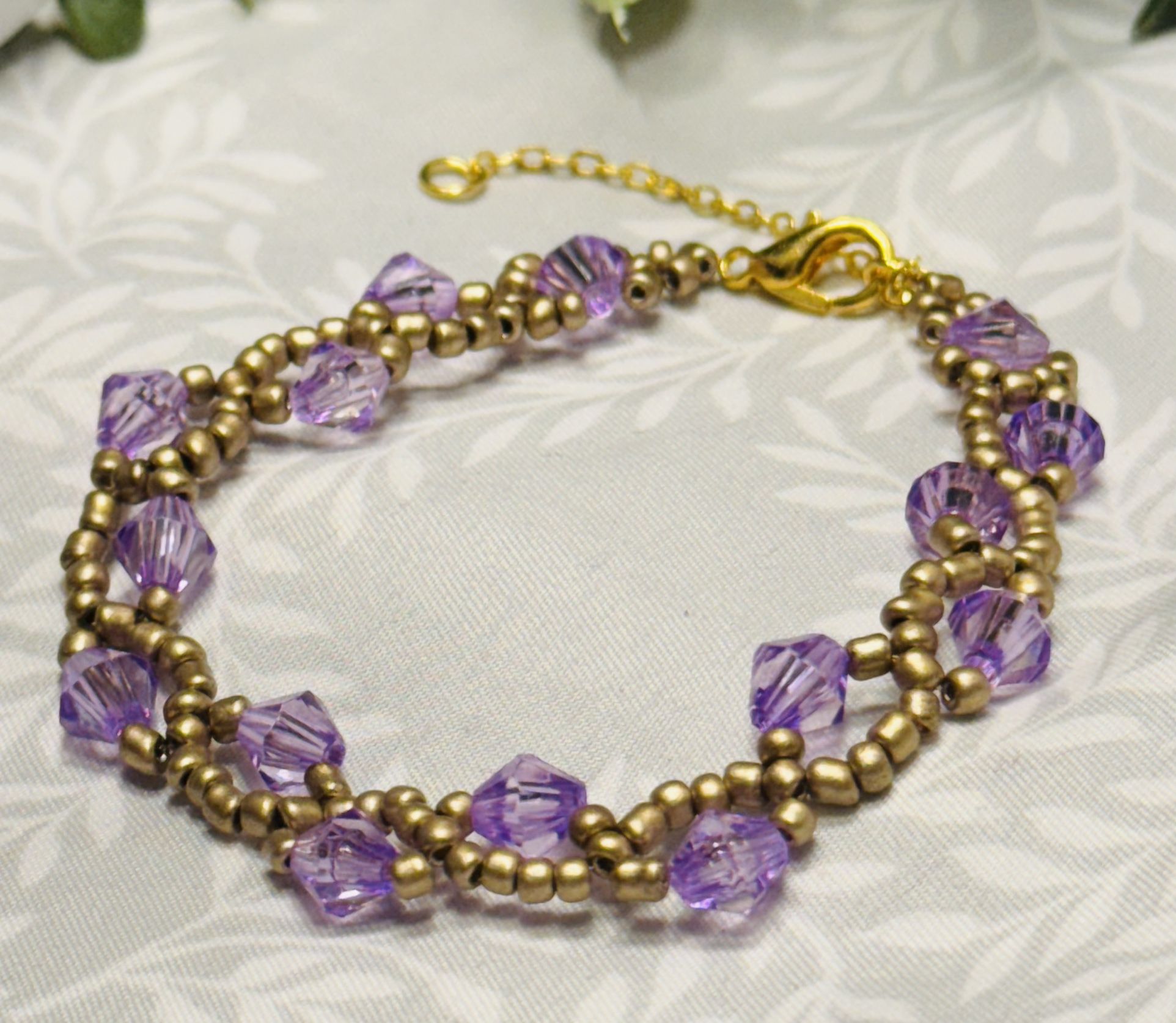 Purple and Warm Silver Handmade Beaded Bracelet