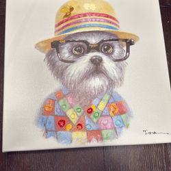 Modern Abstract Pop 16" Art Deco Puppy Dog With Glasses  Acrylic Canvas 