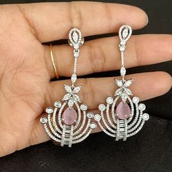 14k White Gold Plated Long Rose Quartz Earrings 