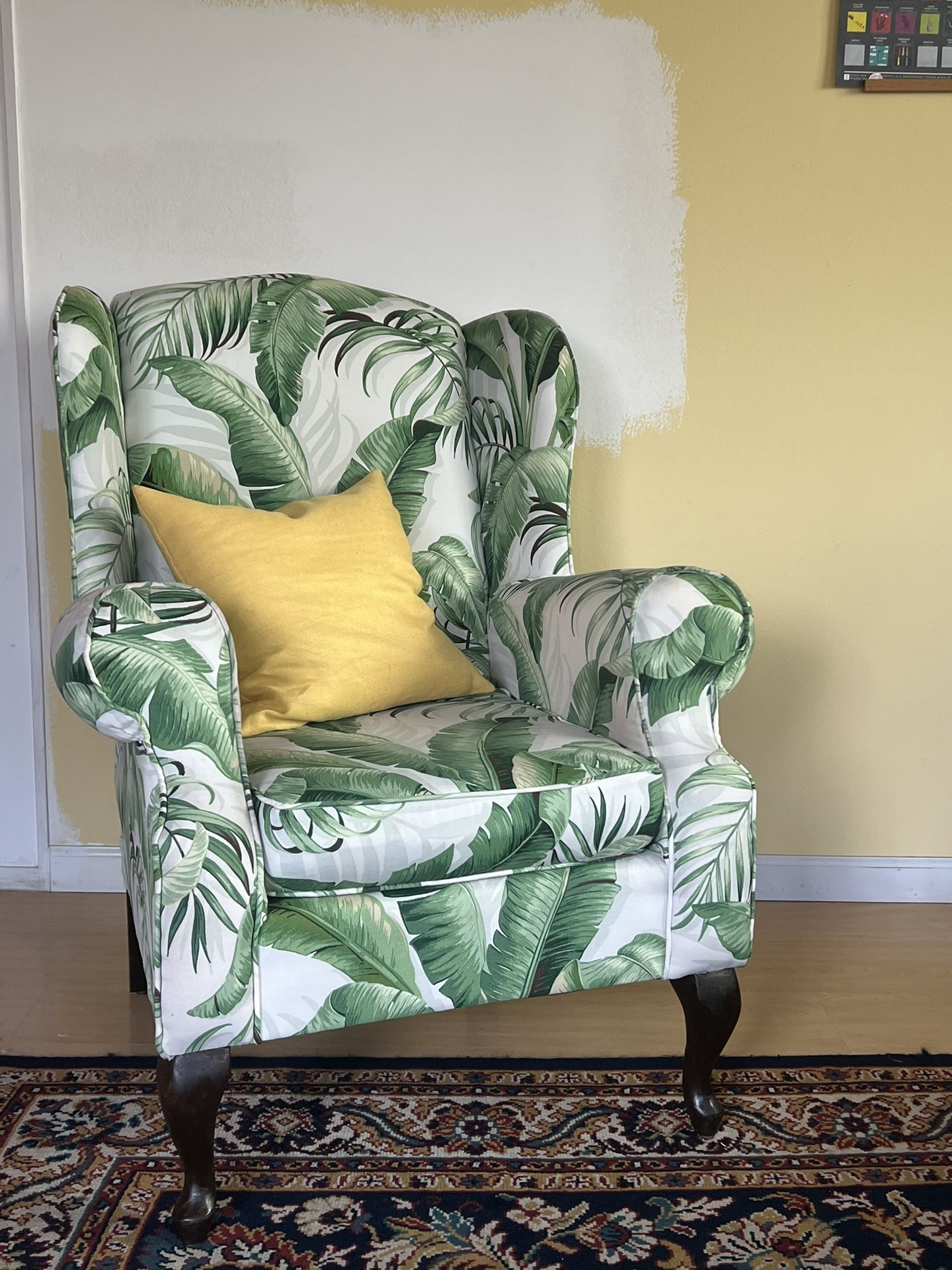 Wingback chair tropical plant accent chair palm print fabric