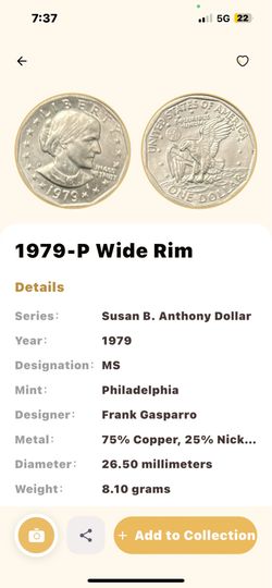 1979-P Susan B Anthony Dollar Wide Rim Near Date BU Mint State UNC