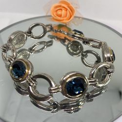 Vintage Lc  Blue Rhinestone  Silver Tone Link Bracelet 