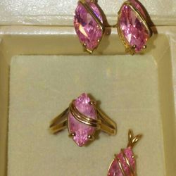 Pink Topaz Gold Ring...Earrings...Pendant 