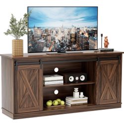 Rustic Farmhouse TV Stand with Sliding Barn Doors and Adjustable Shelves - New Fully Assembled