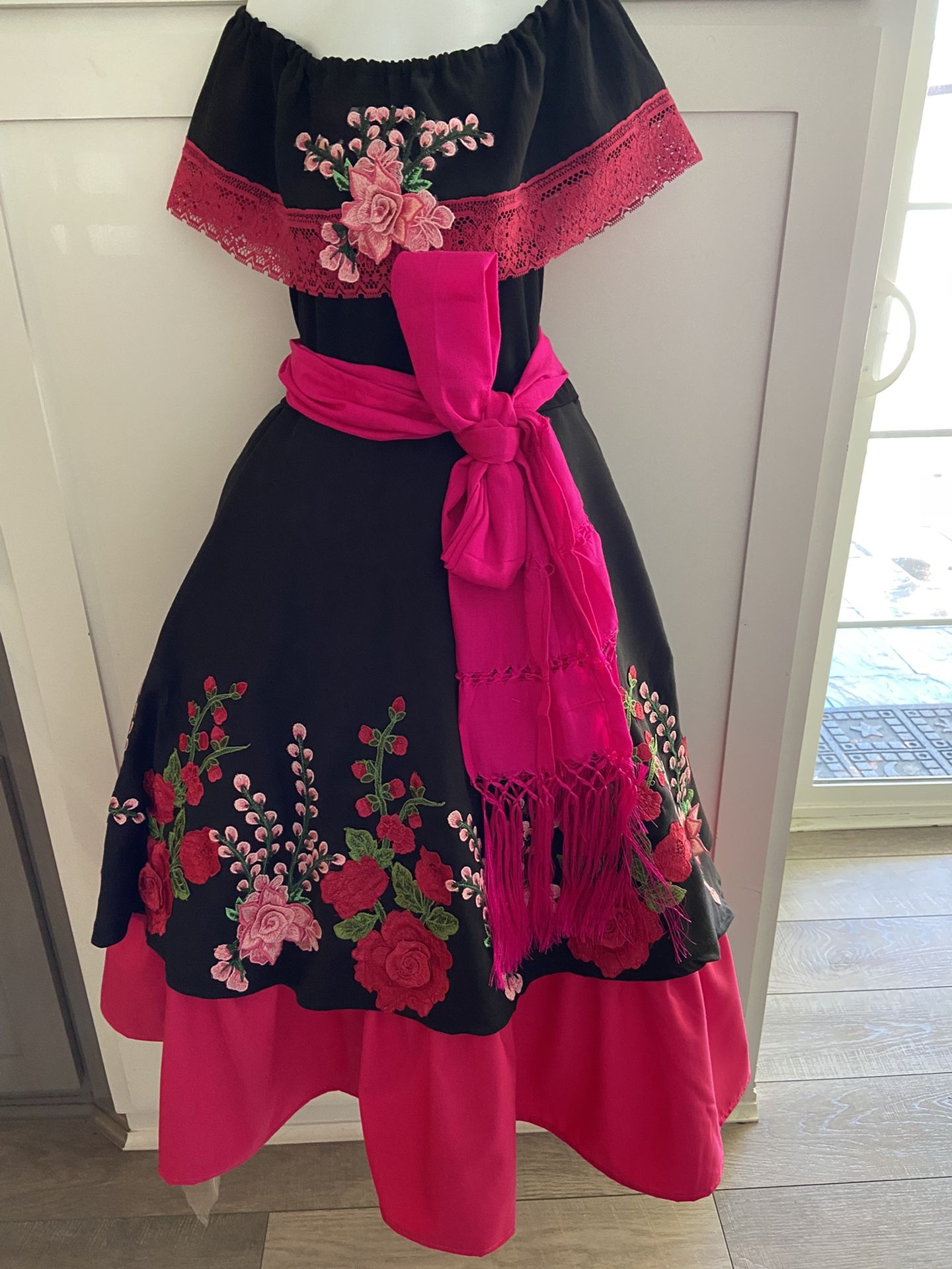 green emerald velvet dress Camila Red Floral Embroidered Mexican Dress- Vestido Mexicano Bordado Floral main image 0