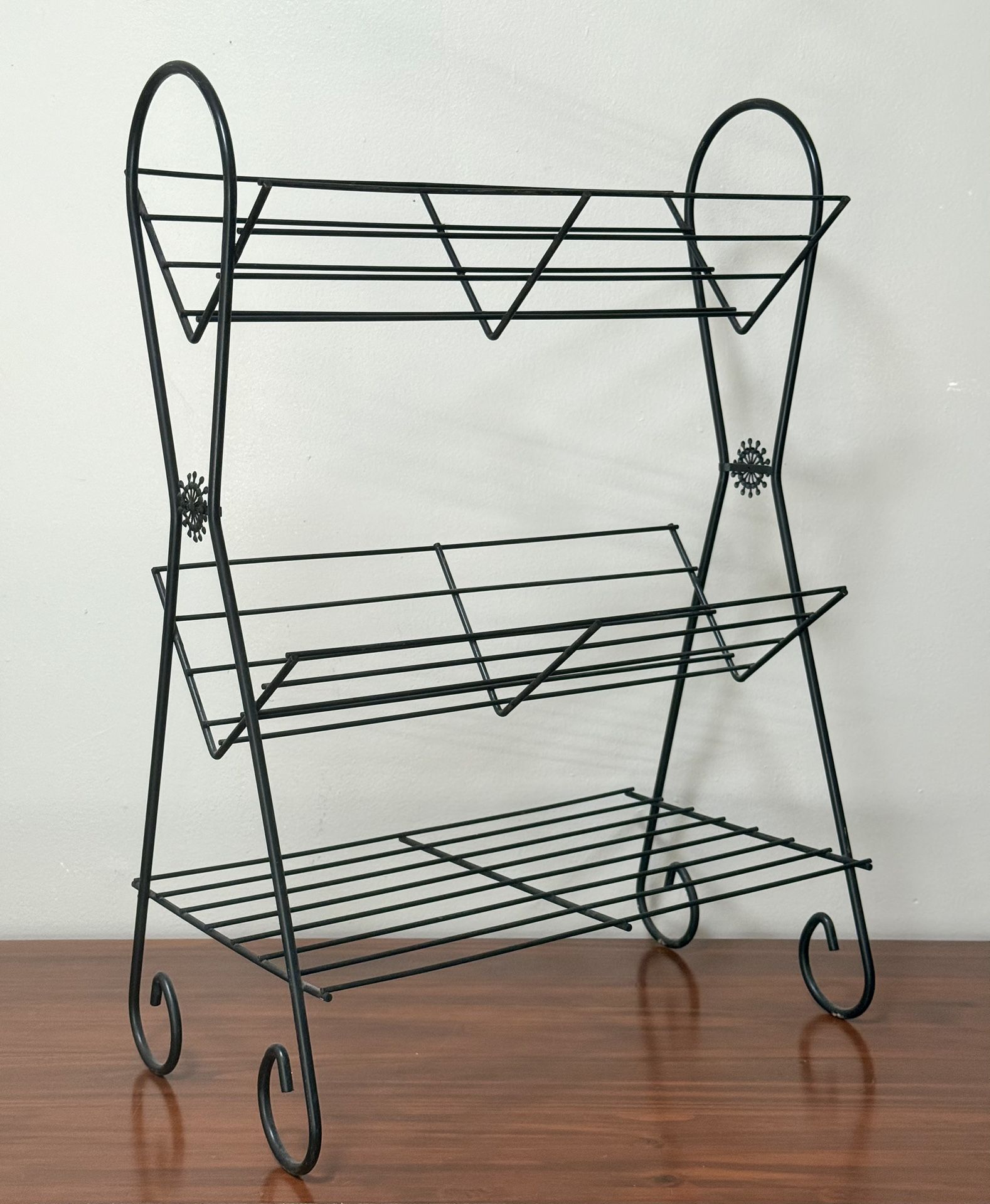 Vintage Mid Century Modern MCM Iron Wired V Shelves Starburst Detail Record Rack Stand
