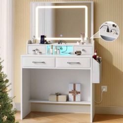 Rolanstar Vanity Desk With LED Lighted Mirror, Makeup Vanity With 4 Storage Drawers