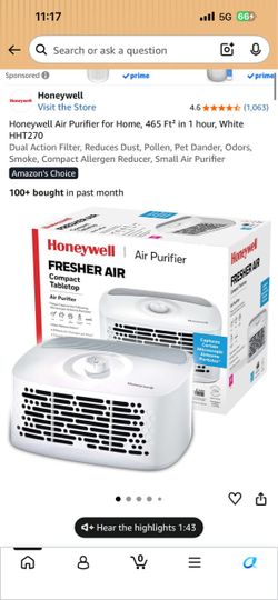 Honeywell Air Purifier for Home, 465 Ft² in 1 hour, White HHT270 BNIB