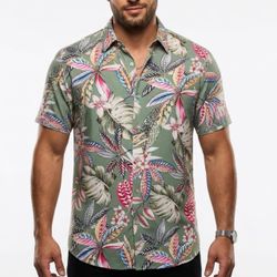 SheLucki Palm Resort Hawaiian Shirt XL Tropical Floral Sage Green Button Up