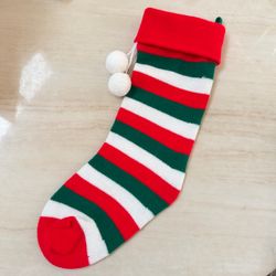 Vintage Christmas Stocking Knit Red Green White Striped Pom Pom Classic 18”