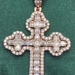 VVS D Moissanite Rosegold on Baguette Cross Pendant 925 Sterling Silver
