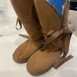 Ewu Women’s Brown Wool Lined Suede Ribbon Closure Winter Boot, Size 9