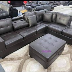 Black Faux Leather Reversible Sectional With Storage Ottaman 