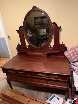 Antique Vanity with Mirror & Matching Stool - Solid Wood, Early 1900s