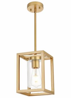 Gold Metal & Clear Glass Rectangle Pendant Light, Hardwired, Adjustable Height