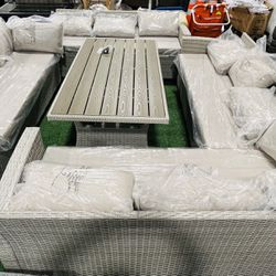 Brand new outdoor patio set with table and all cushions, 14 seat patio furniture, light gray color 