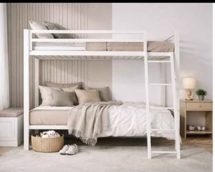 Bunk Bed Twin Over Twin Size with Ladder and Guardrail,White Heavy Duty,Metal Slats Support,No Box Spring Needed,Small Space Saving Furniture for