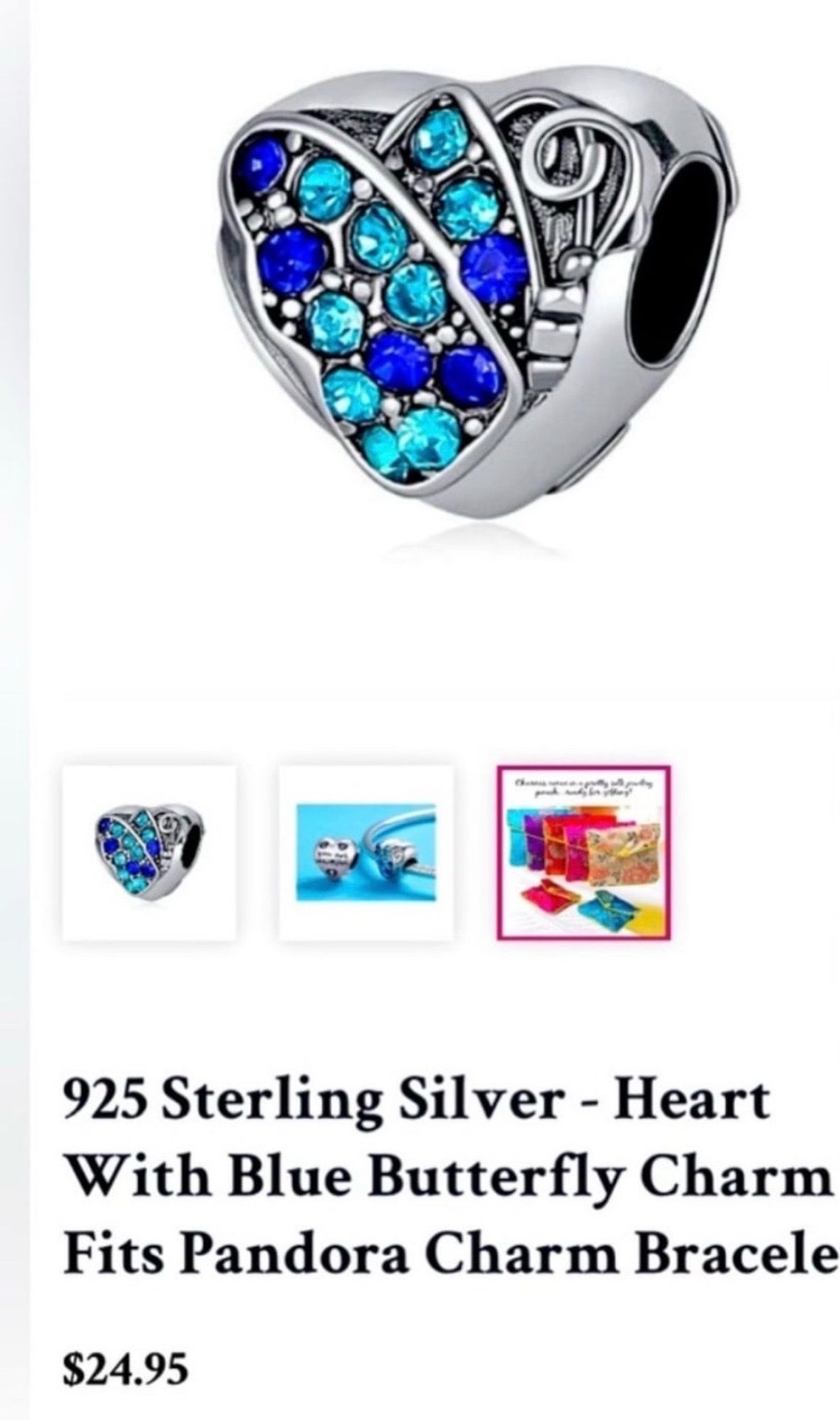 925 Sterling Silver - Heart With Blue Butterfly Charm Pandora Charm Bracelets