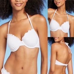 Shade & Shore Women's Lightly Lined White Ruffle Bikini Top Size 34B  