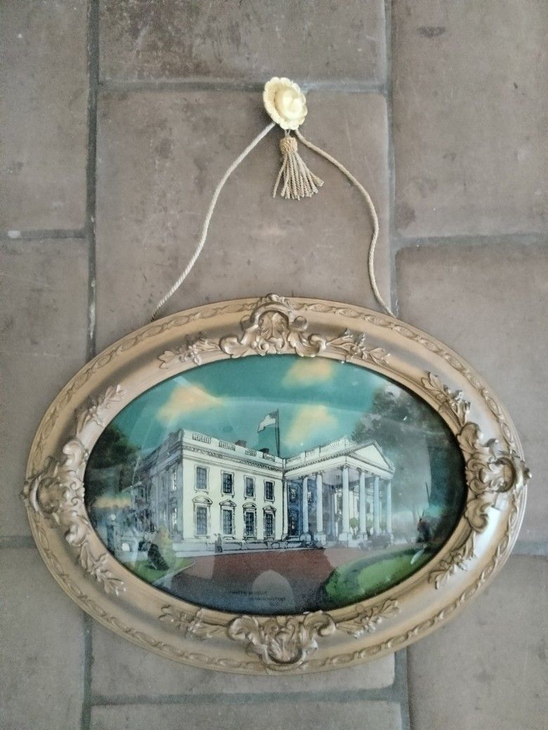 Antique Reverse Painting White House 1917 Oval Bubble Convex Curved Glass Picture Frame 