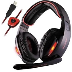 Sades SA902 7.1 Channel Virtual USB Surround Stereo Wired PC Gaming Headset Over Ear Headphones with Mic Revolution Volume Control Noise Canceling LE