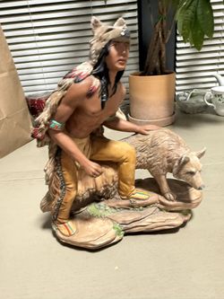 Native American Hand painted Figuerine With Wolf 
