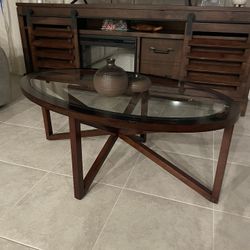 Console With Fireplace , Cocktail Table , End Table And three Stools. 