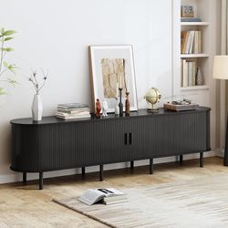 86.6" Mid Century Modern TV Stand with Sliding Doors for 90" TV Entertainment Center with Storage, Power Outlet and Adjustable Shelves, Fluted Wooden