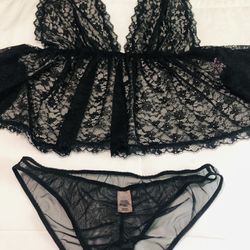 VICTORIA’S SECRET Black Lace Babydoll & Sheer Panty Set (S)