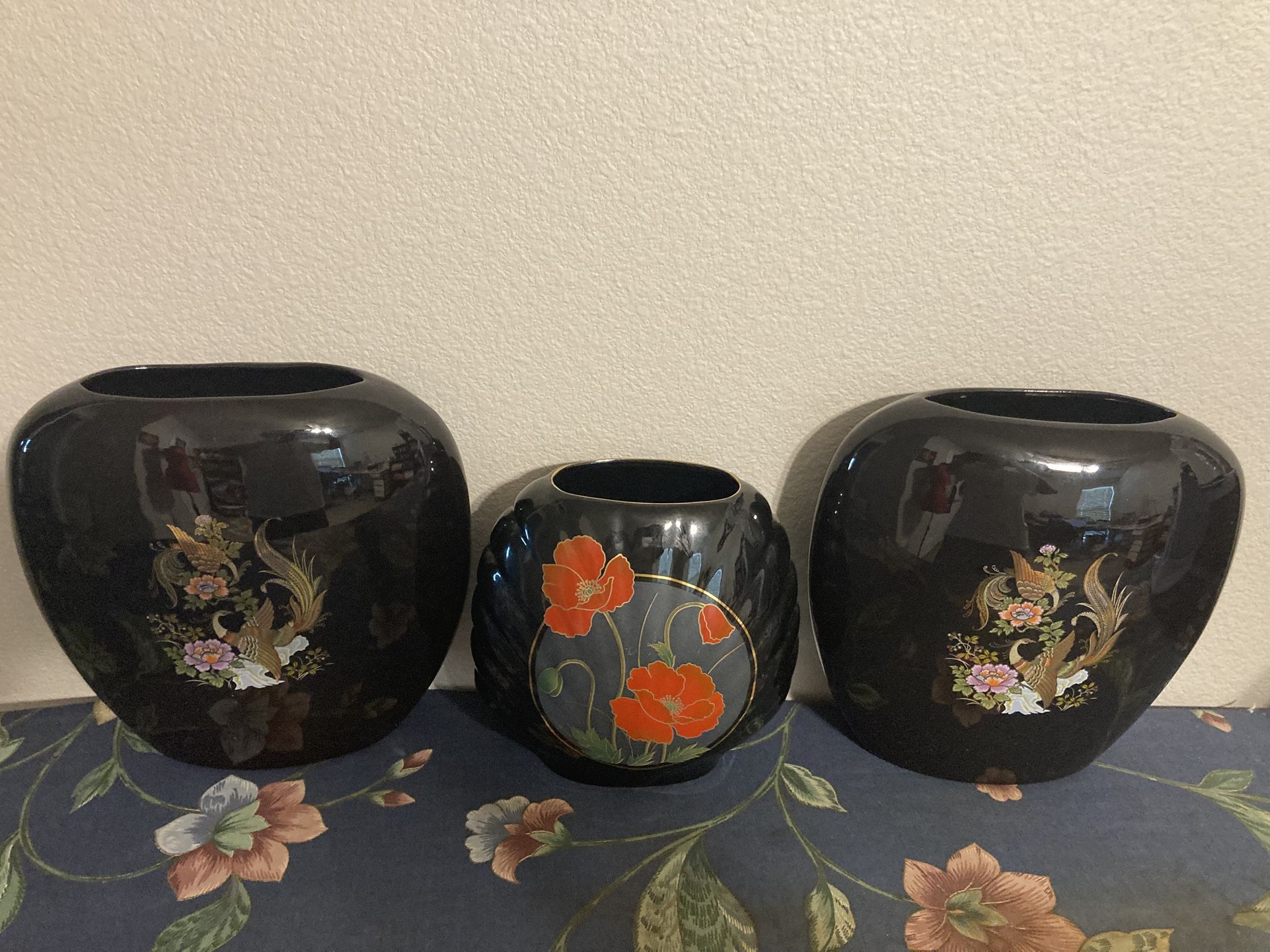 Vintage Japanese Vases - Set of 3 Japanese Vases with Peacock and Floral Design