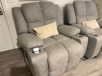Set of Oversized Power Lift Recliner Chair for Elderly,Detachable Cup Holders, USB Port,Massage Recliner Chair, Light Grey