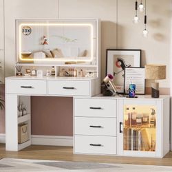 Vanity Desk with Mirror and Lights, Corner Makeup Table with Charging Station, 3 Color Modes & Adjus