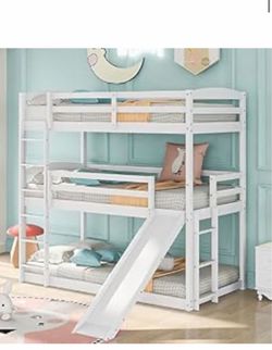 Twin Over Twin Over Twin Adjustable Triple Bunk Bed with Ladder and Slide,White