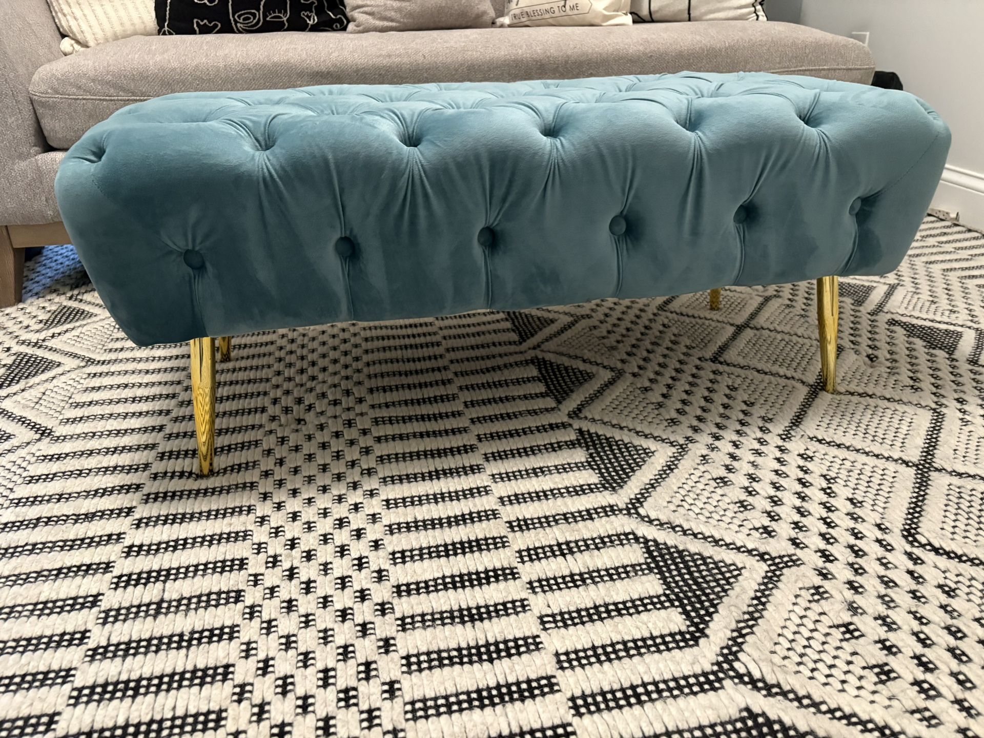 Chic Turquoise Bench with Gold Hardware – Excellent Condition