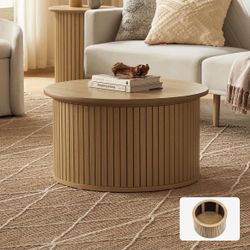 mopio Quin Round Coffee Table with Storage, Drum Accent Coffee Table, Mid Century Modern Wood Coffee Table, Fluted Center Table with Removable Lid, Te