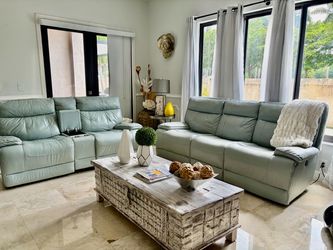 Beautiful All Leather teal Power Reclining Sofa set