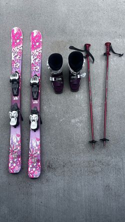 124cm skis, boots and poles