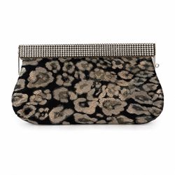 Silver Gray Leopard Brocade Evening Clutch Rhinestone Frame