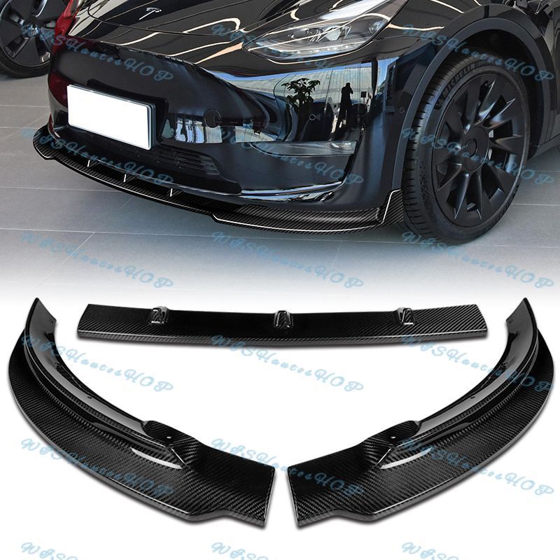 For 2020-2024 Tesla Model Y Real Carbon Fiber Front Bumper Spoiler Splitter Lip -(2-PU-547-R-RCF