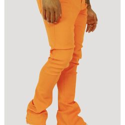 Orange denim stacked flare jeans