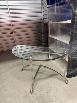 Modern Half-Moon Glass Console Table with Silver Metal Frame