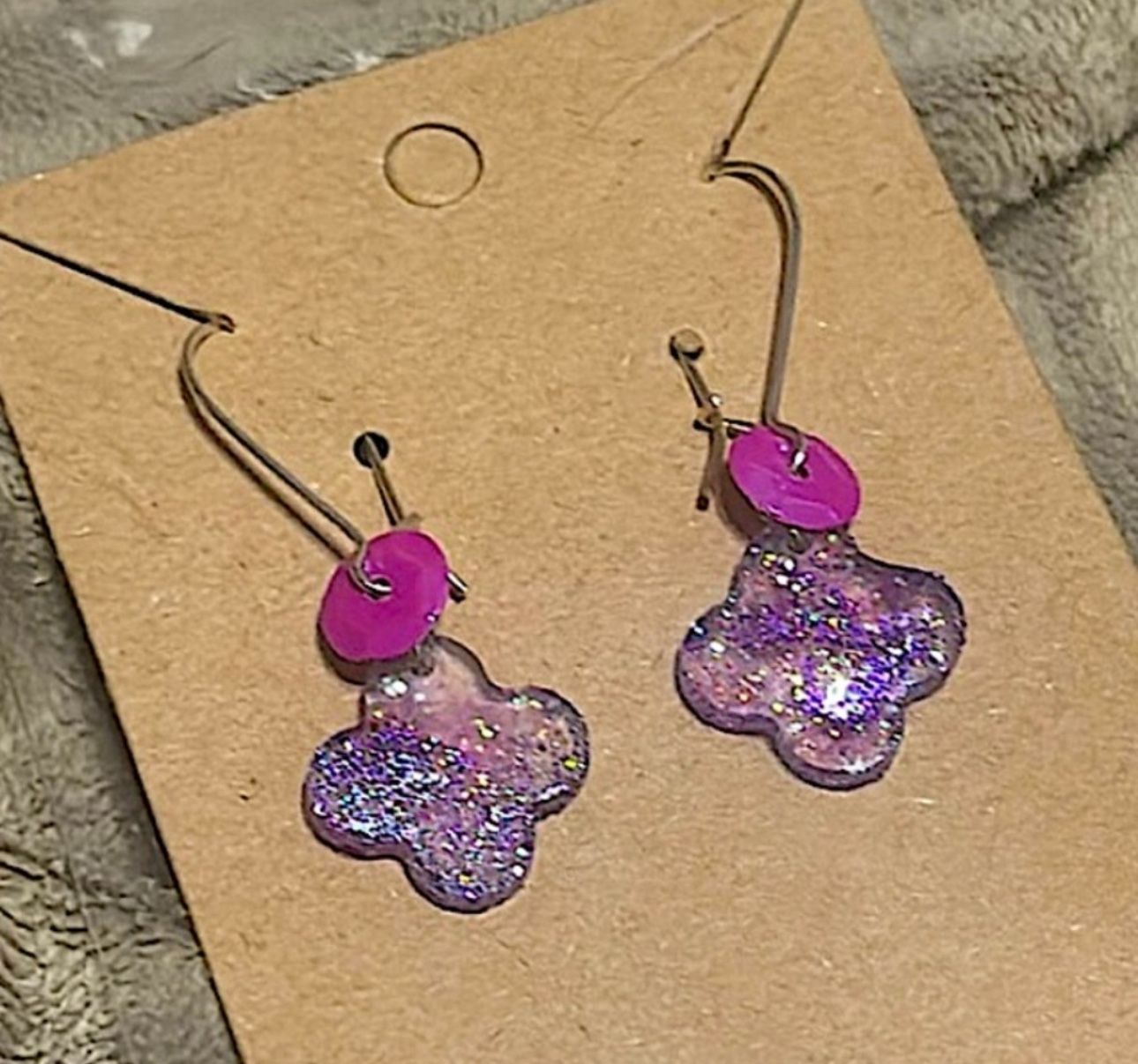Pink And Purple Sparkly Clover Dangle Earrings