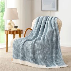 Snuggle Sac Ultra Soft Waffle Throw Blanket for Couch Bed Sofa 50x60 inches, Reversible Blue Cream Blanket Microfiber Fluffy Fuzzy Cozy Knit Soft Thro