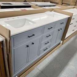 Bathroom Vanity Cabinet 72” Solid Oak Quartz Top With Sinks And Backsplash