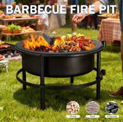 Fire Pits for Outside Wood Burning, Large Outdoor Fire Pit Stove with Roating Table and BBQ Grill, Cold Finished Steel Round Firepit Bowl with Poker,